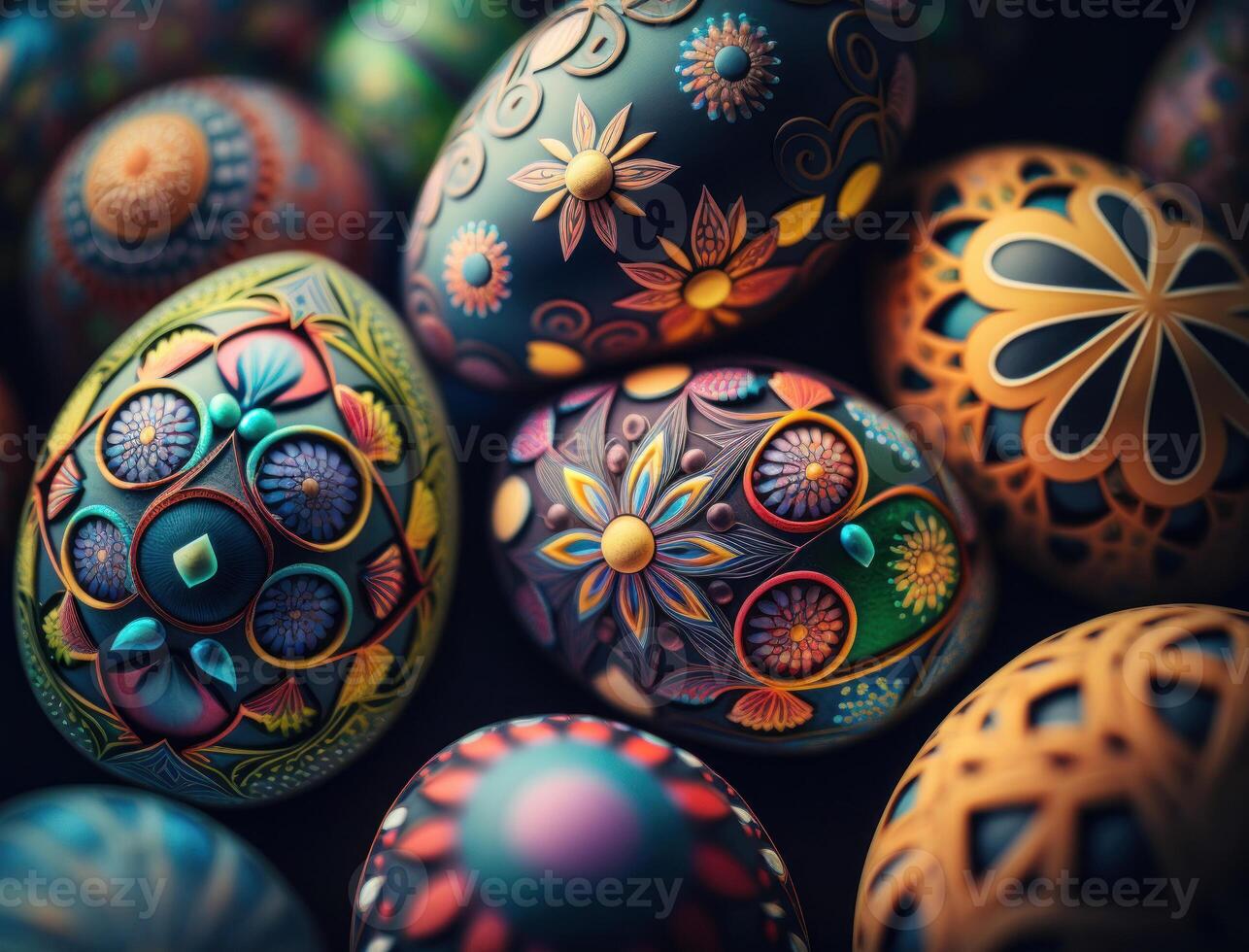 Happy Easter background concept with colorful easter eggs flat lay created with technology photo