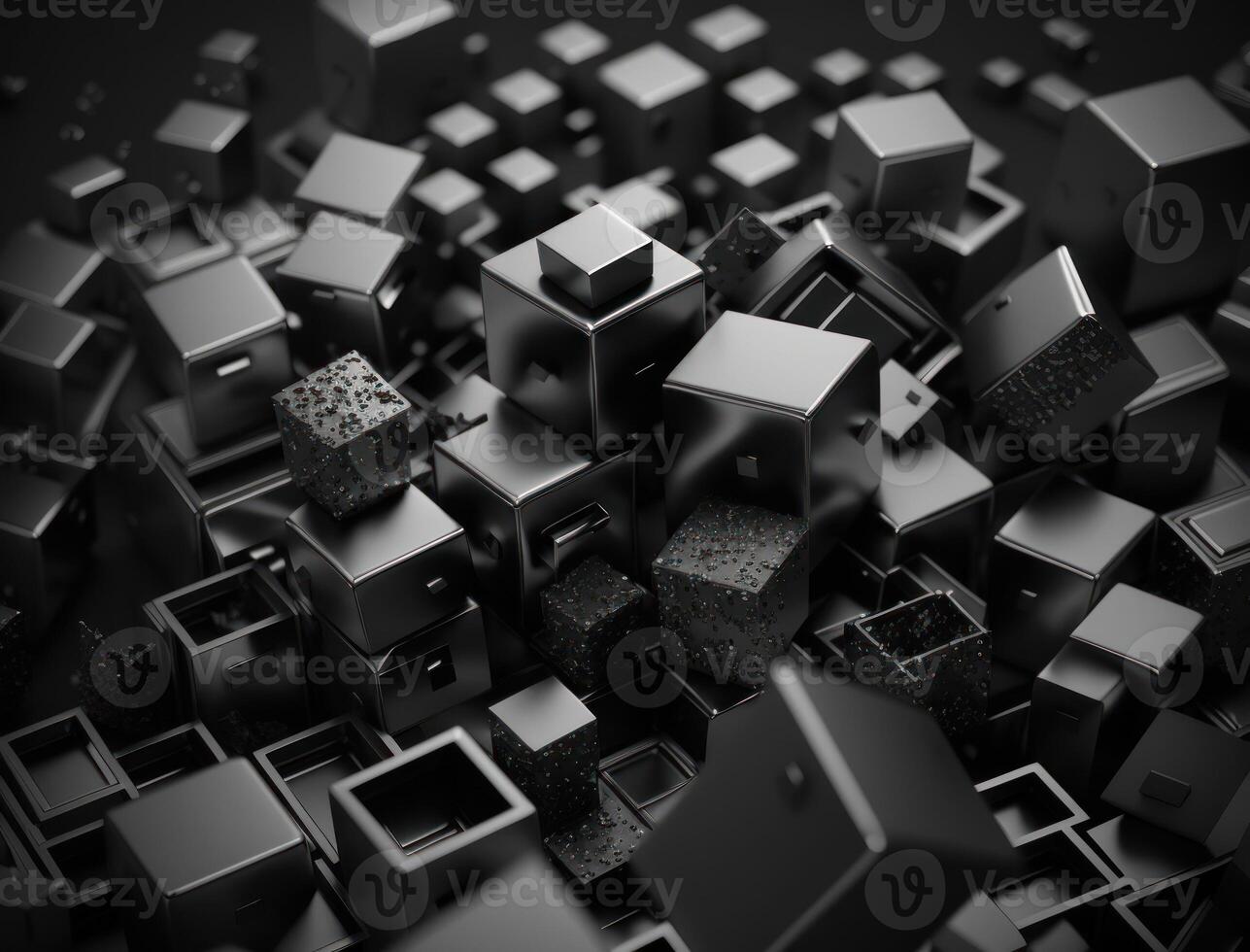 Futuristic cubes dark black background Abstract geometric mosaic grid Square tiles pattern technology photo