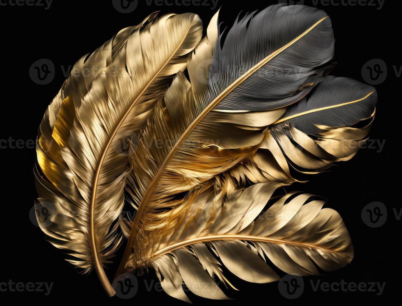Flat lay bird feathers rose gold sequins and rhinestones black wood texture holographic high detail top view created with technology photo
