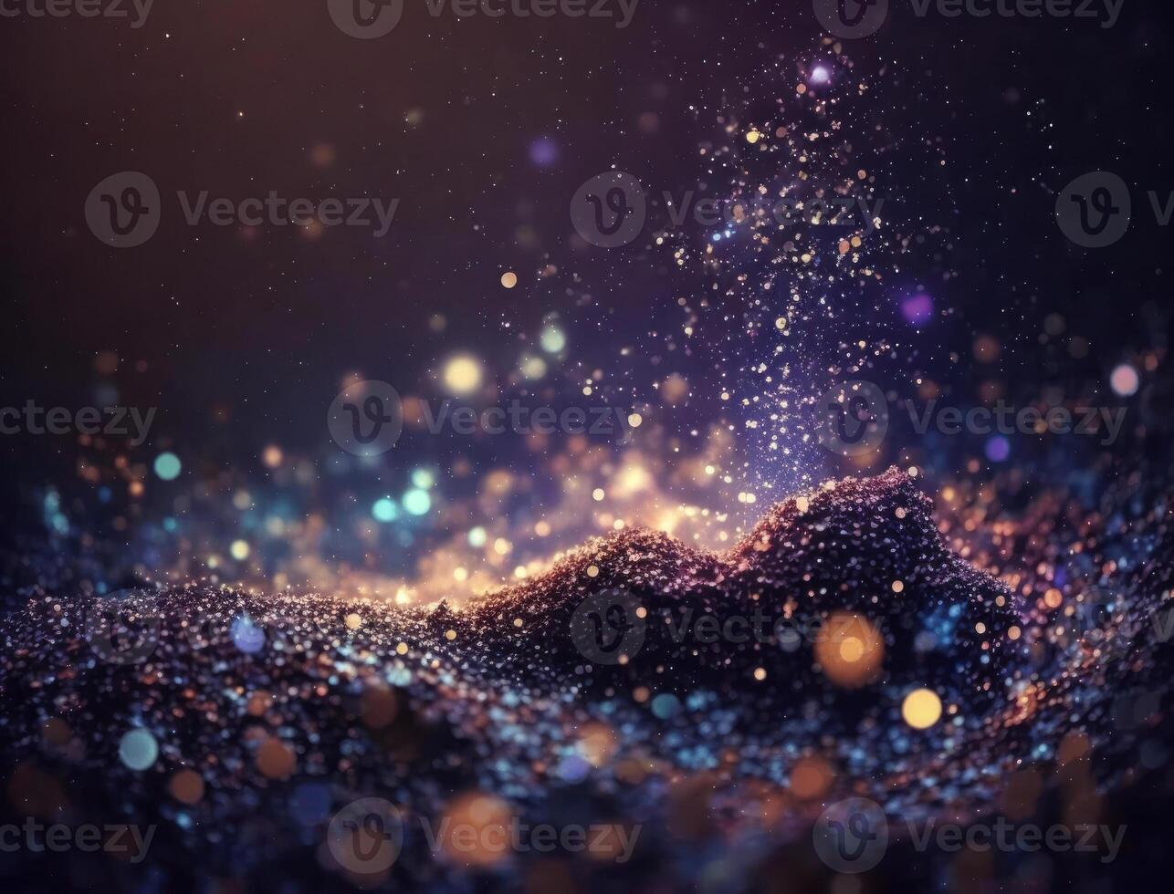 Dark blue and glow particle abstract background Blurry bokeh background with sparkles, particles and glitter created with technology photo