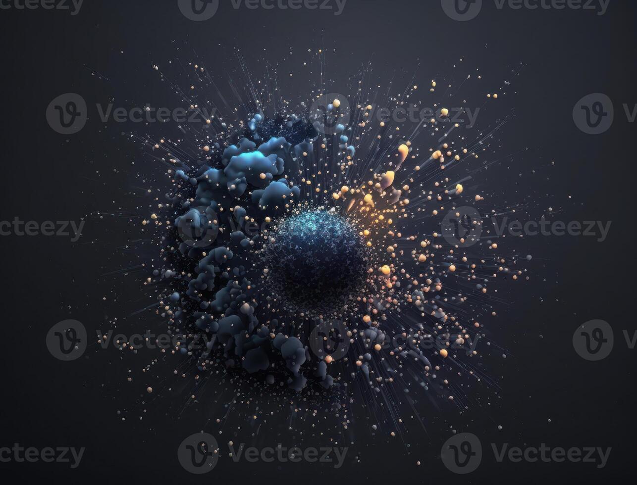 Dark blue and glow particle abstract background Blurry bokeh background with sparkles, particles and glitter created with technology photo