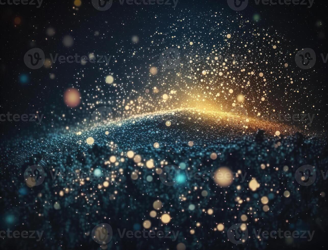 Dark blue and glow particle abstract background Blurry bokeh background with sparkles, particles and glitter created with technology photo