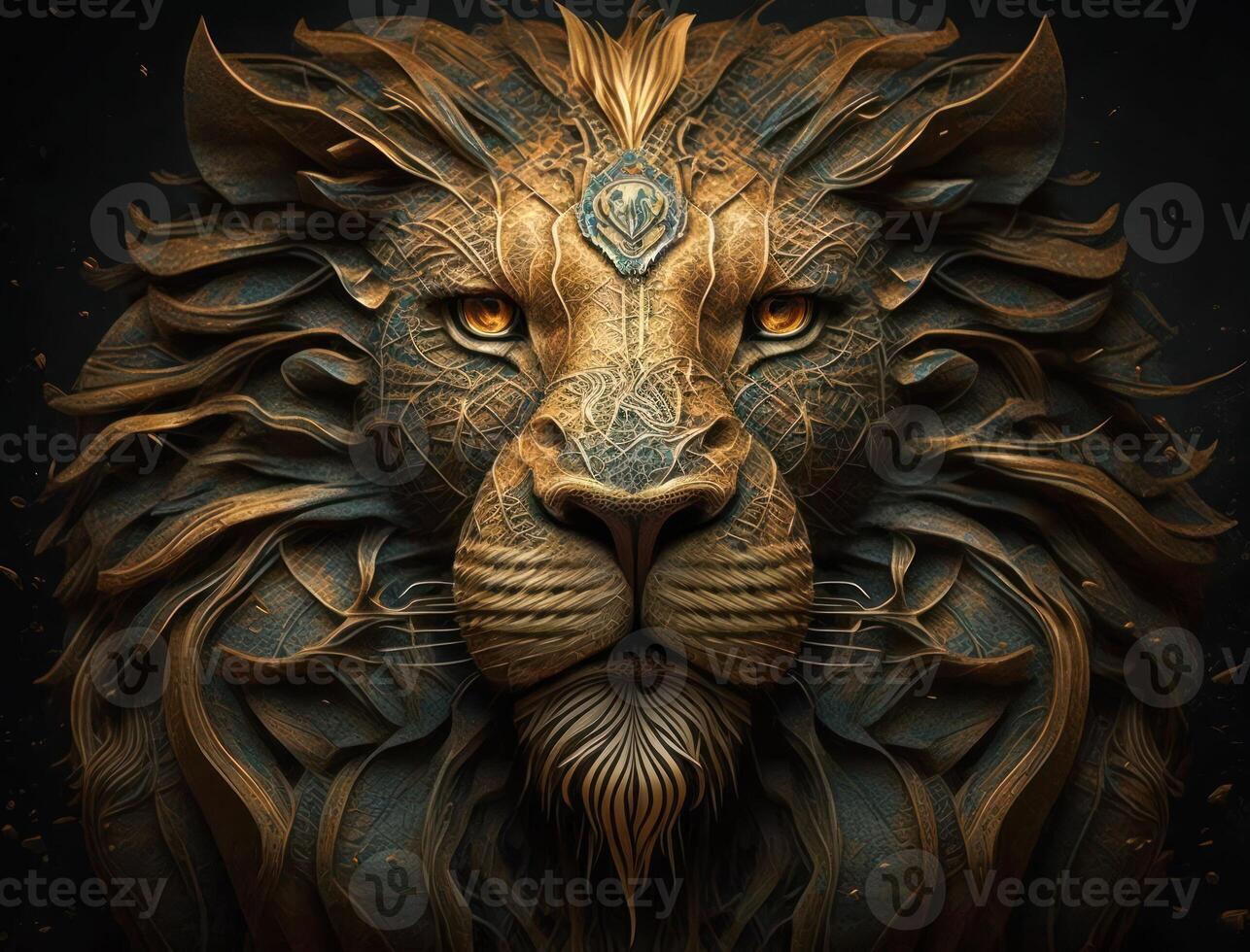 Close-up portrait of fantasy Lion with oriental ornament elements technology photo