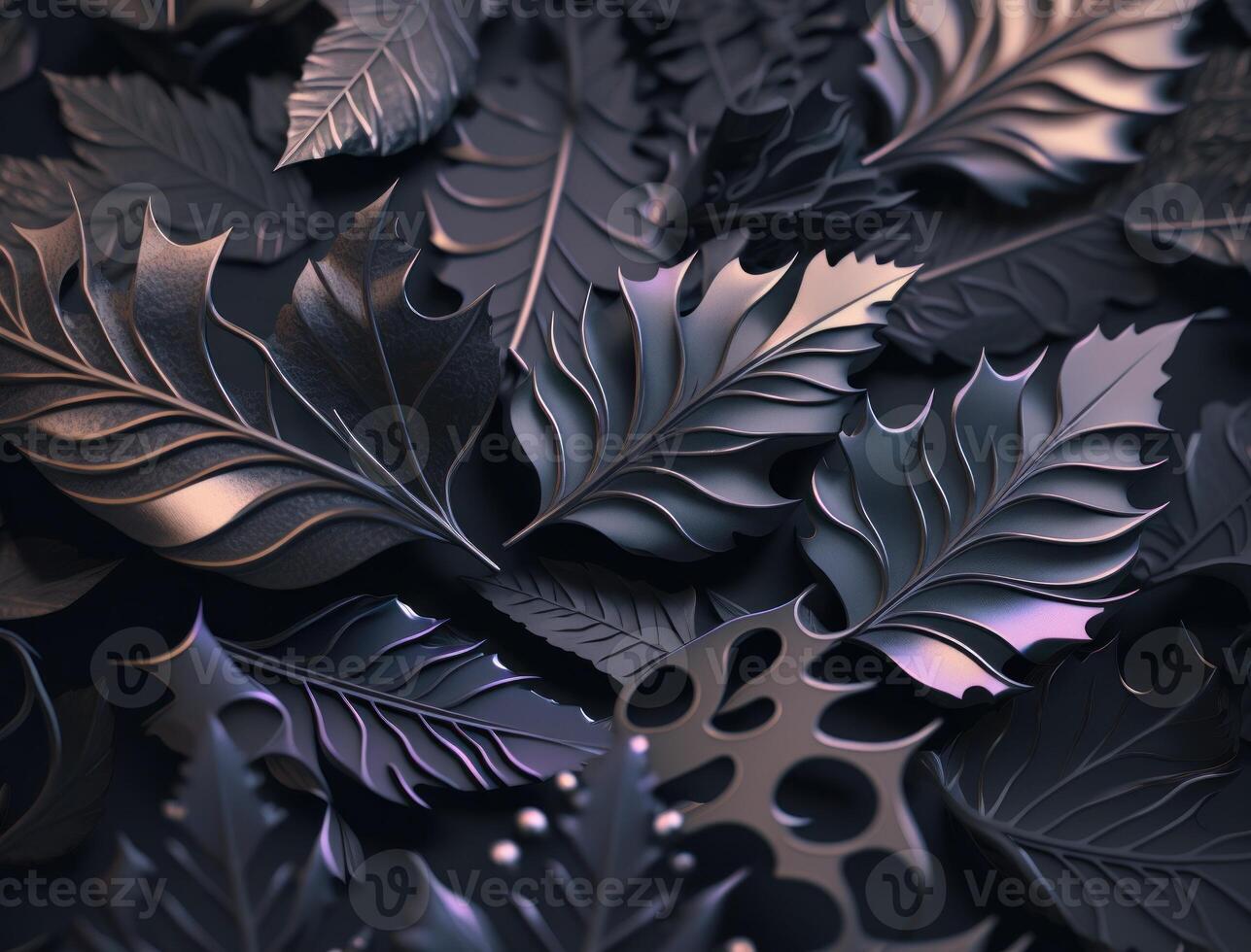 Abstract dark black metallic leaves background created with technology photo