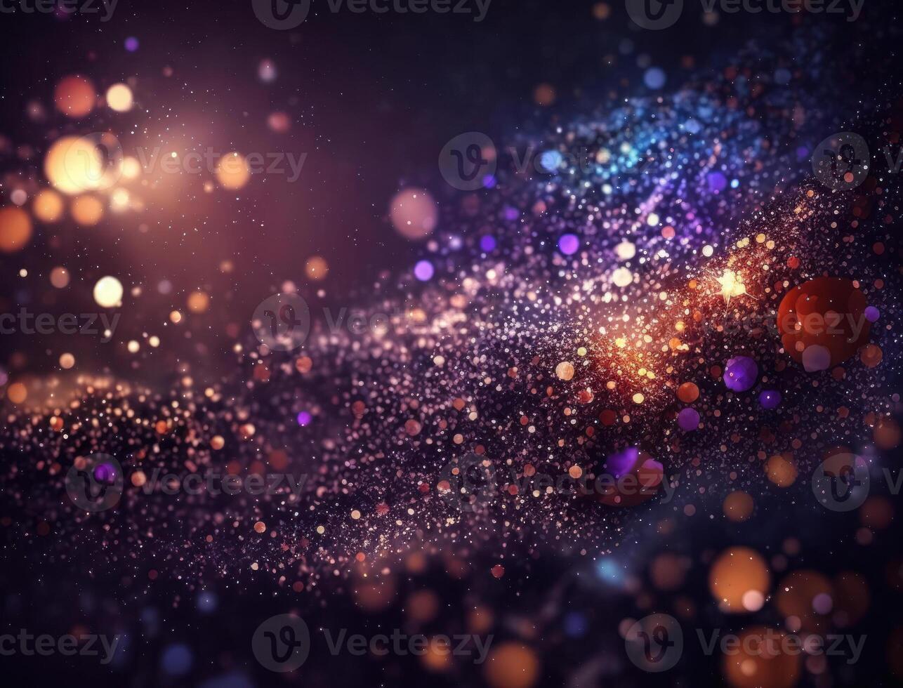 Dark blue and glow particle abstract background Blurry bokeh background with sparkles, particles and glitter created with technology photo