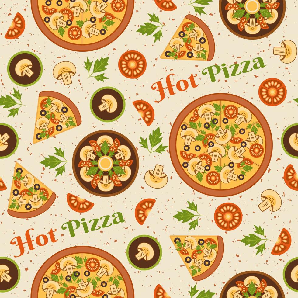 Seamless pattern with mushroom pizza, parsley, slices of tomato. Textured background. Elements in simple geometric style. Good for branding, decoration of food package, cover design, decorative prints vector