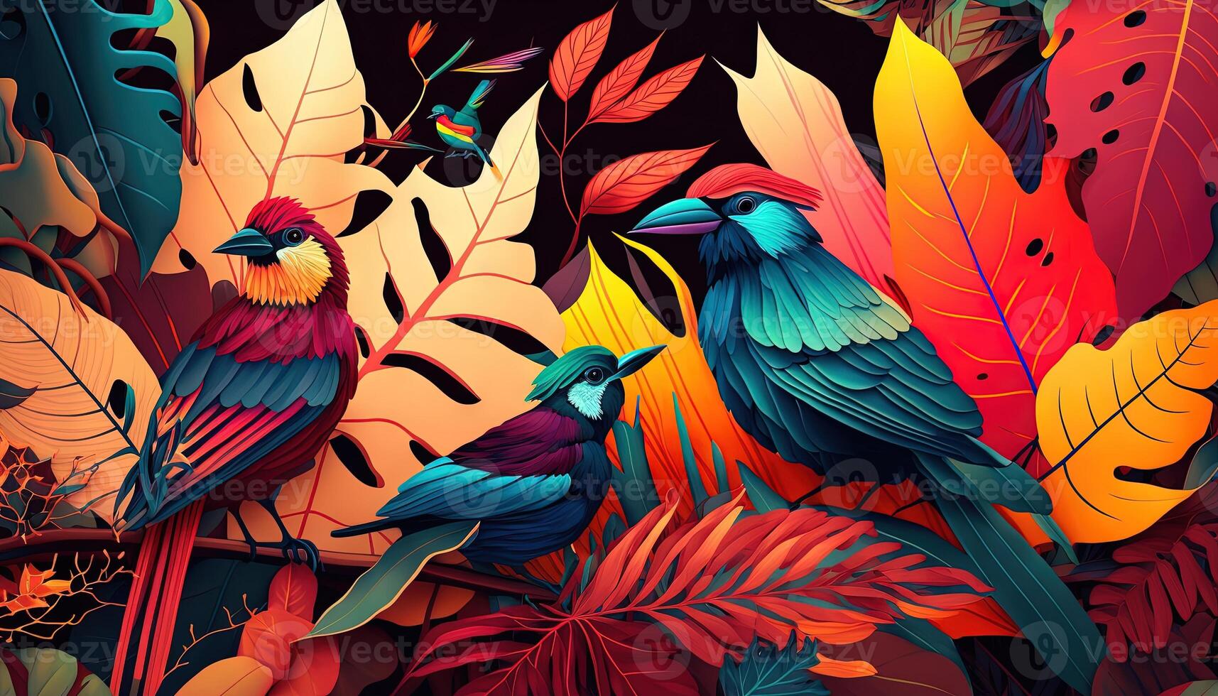 Abstract natural background. Fluorescent exotic with colorful birds photo