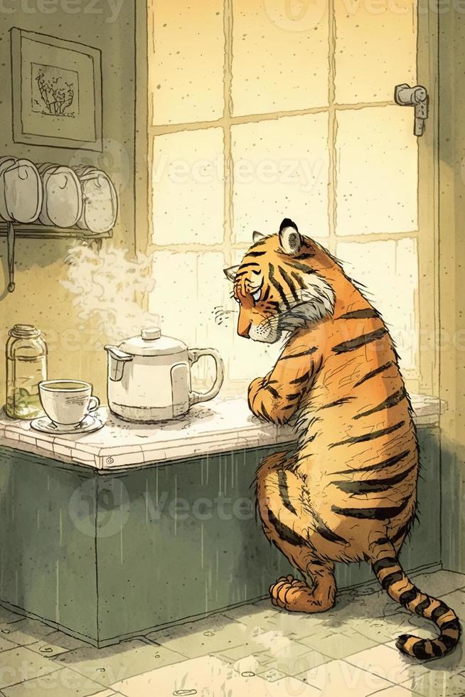 Tired Tiger is drinking coffee cartoon style painting photo