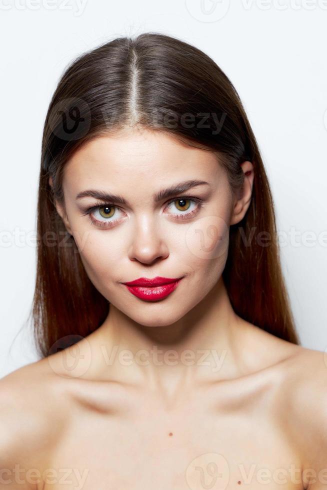 Brunette Nude shoulders attractive look red lips charm clear skin photo