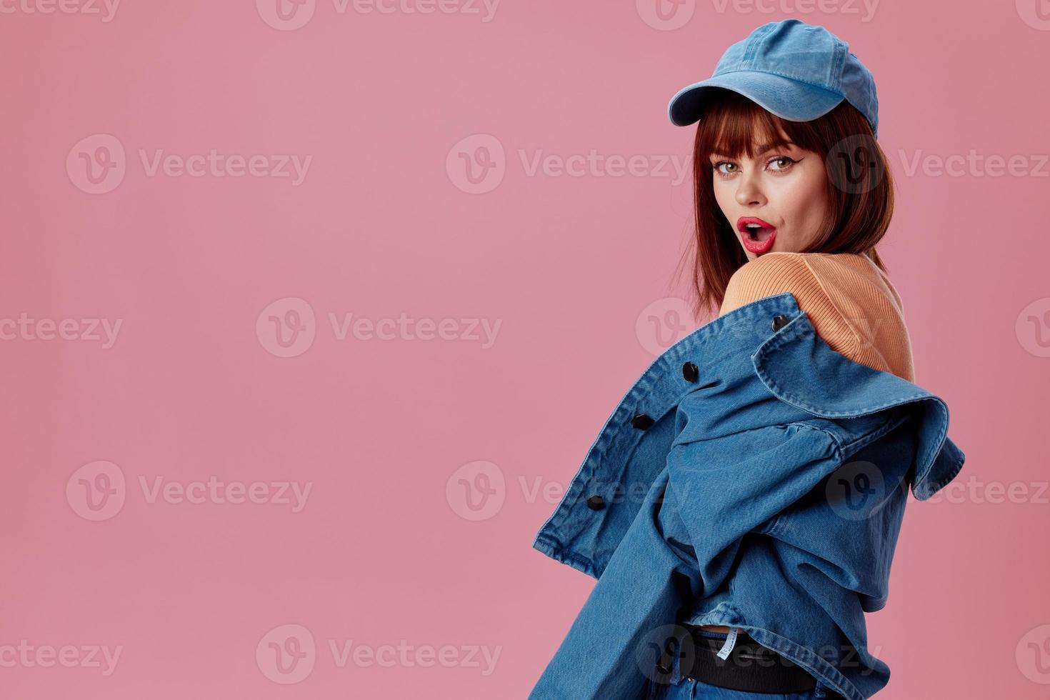 Beauty Fashion woman denim cap red lips glamor fashion color background unaltered photo
