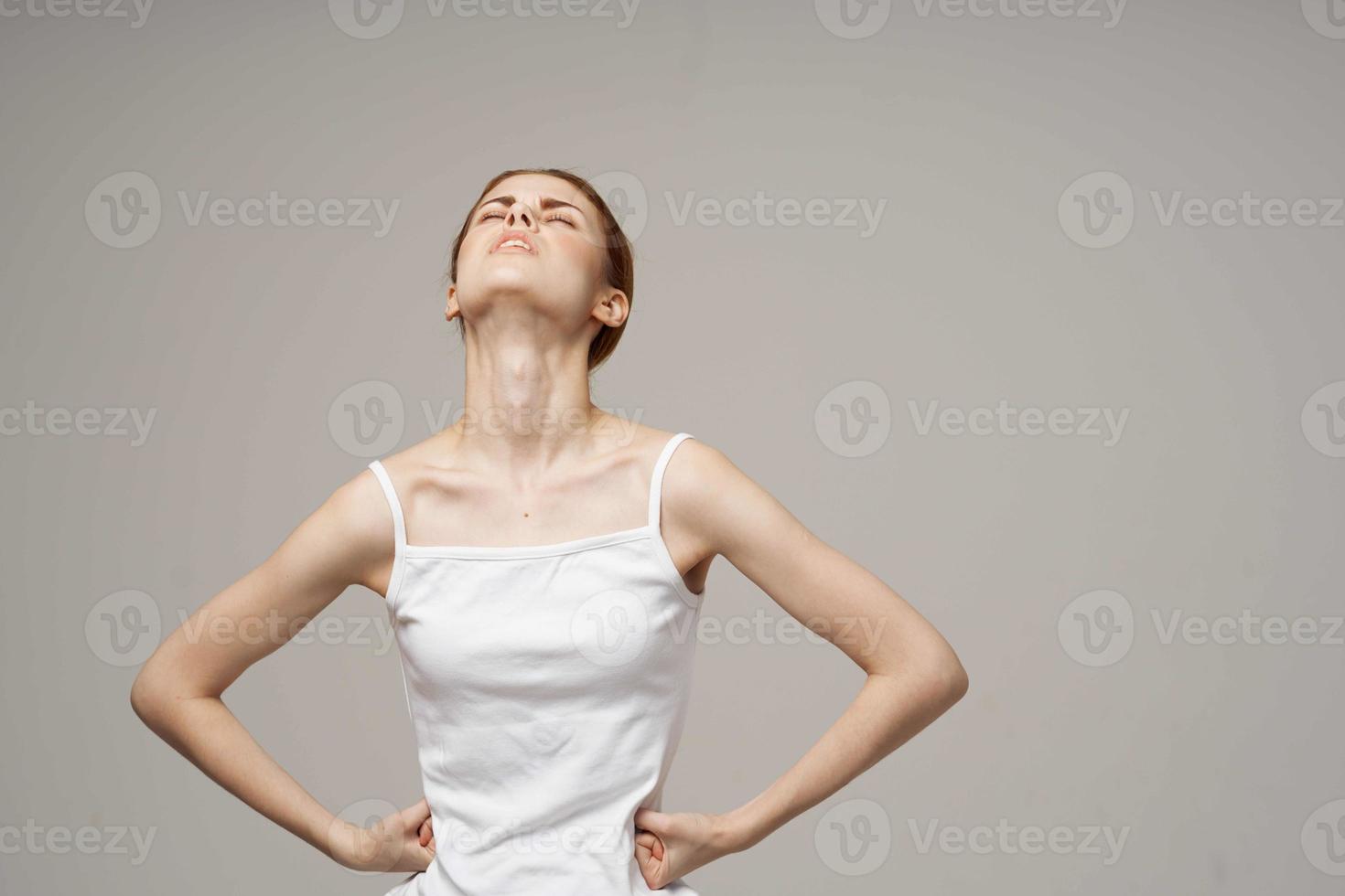 woman groin pain intimate illness gynecology discomfort light background photo