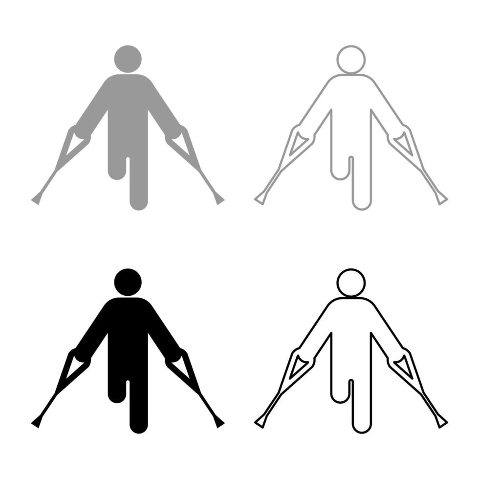 Man with broken leg crutch cane gypsum foot stick using sticks person crutches trauma concept set icon grey black color vector illustration image solid fill outline contour line thin flat style