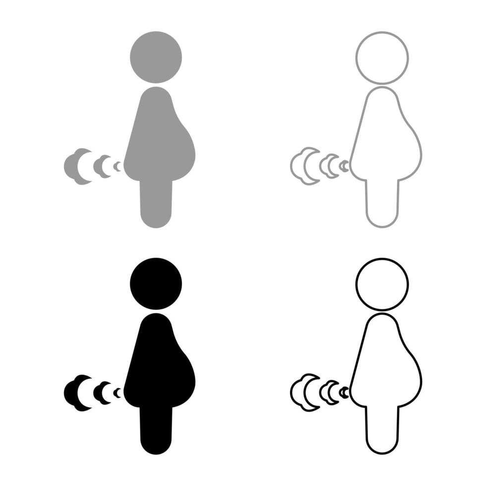 Pregnant woman farts break wind farting bloating gas cloud stench bad smell flatulency set icon grey black color vector illustration image solid fill outline contour line thin flat style