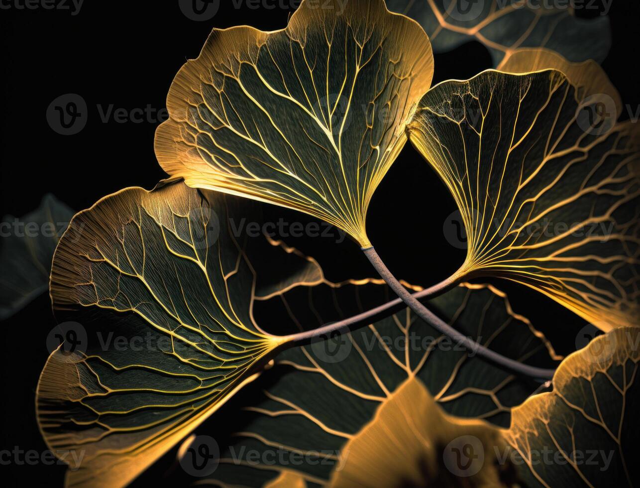 Ginkgo biloba golden leaves Dark background created with technology photo