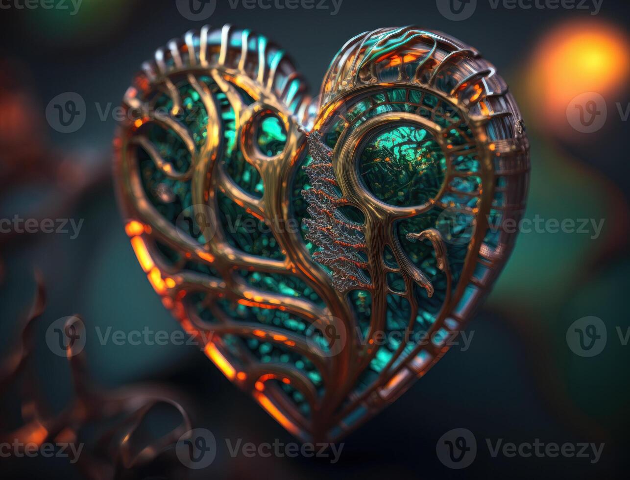 Green and gold metallic heart that represents environmental protection created with technology photo