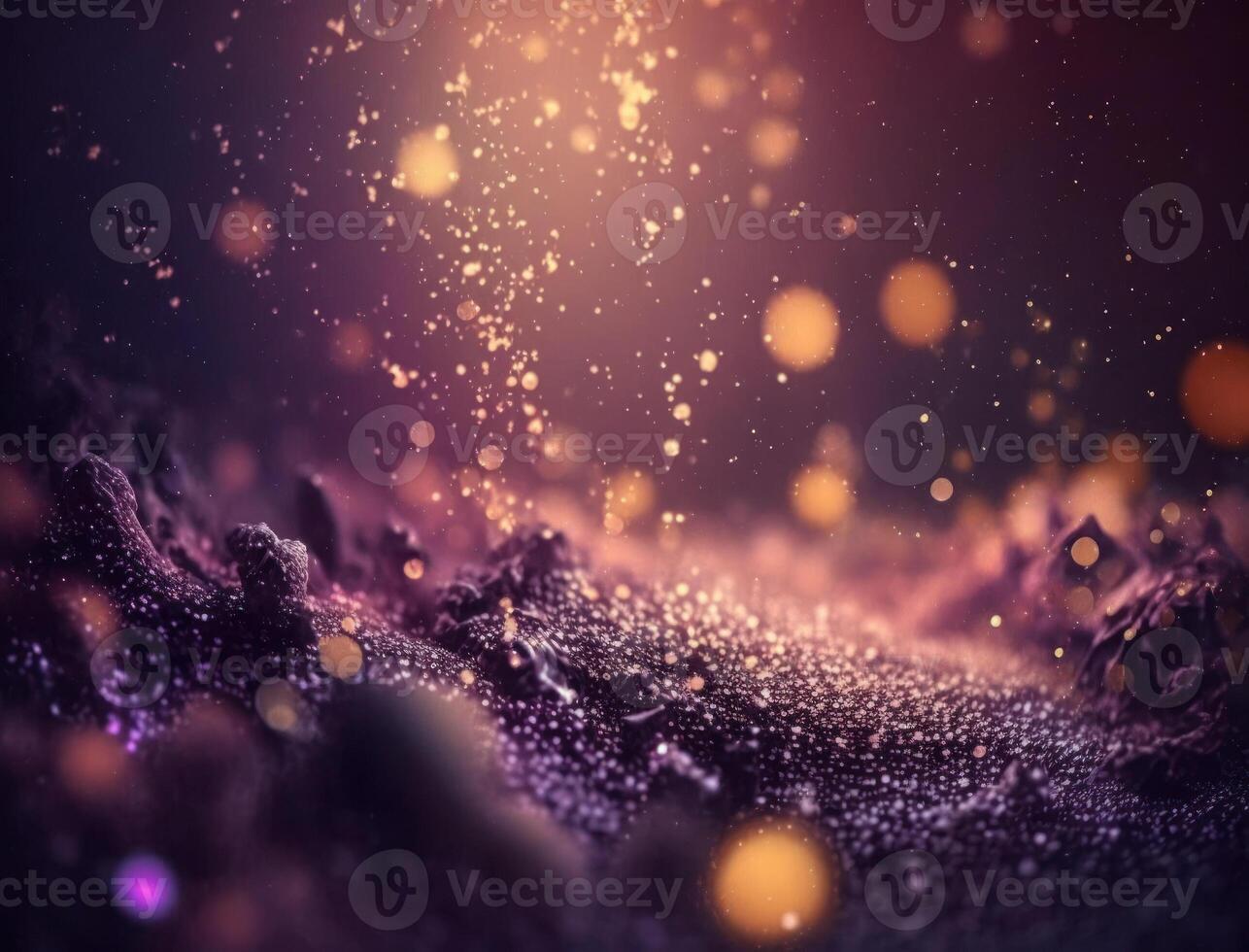 Dark blue and glow particle abstract background Blurry bokeh background with sparkles, particles and glitter created with technology photo