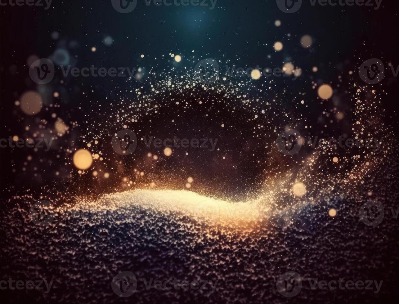 Dark blue and glow particle abstract background Blurry bokeh background with sparkles, particles and glitter created with technology photo
