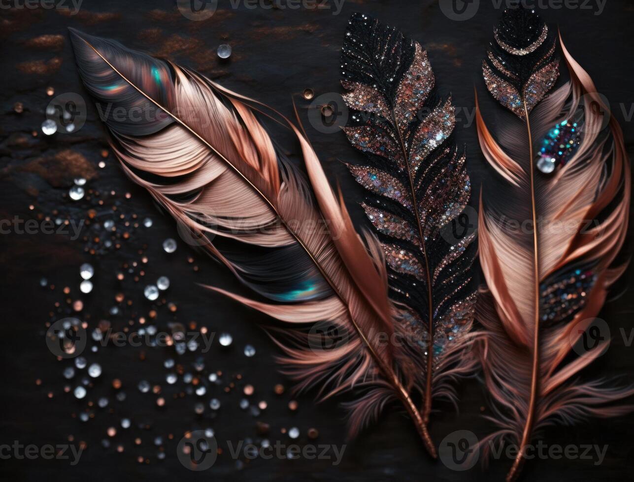 Flat lay bird feathers rose gold sequins and rhinestones black wood texture holographic high detail top view created with technology photo