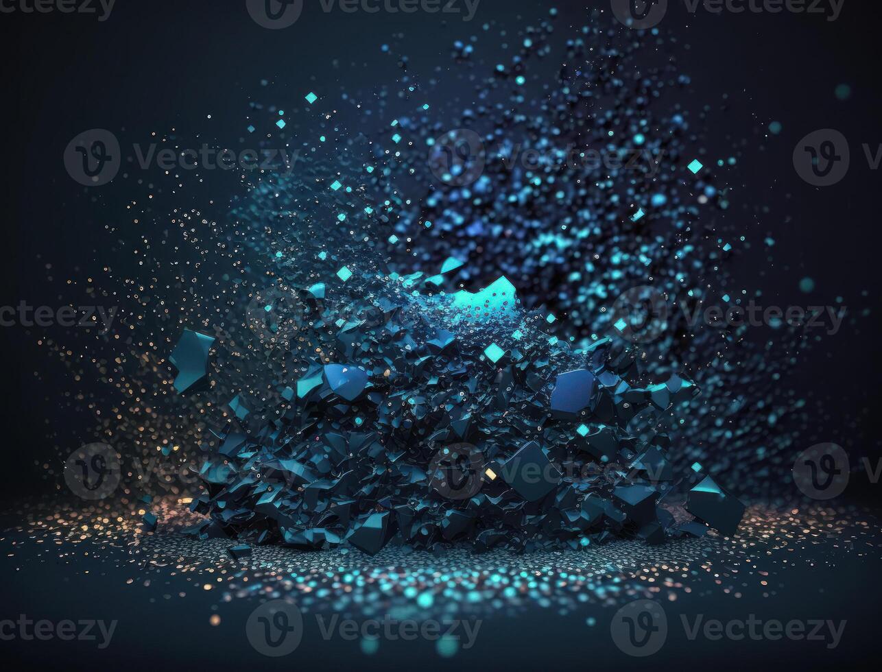 Dark blue and glow particle abstract background Blurry bokeh background with sparkles, particles and glitter created with technology photo