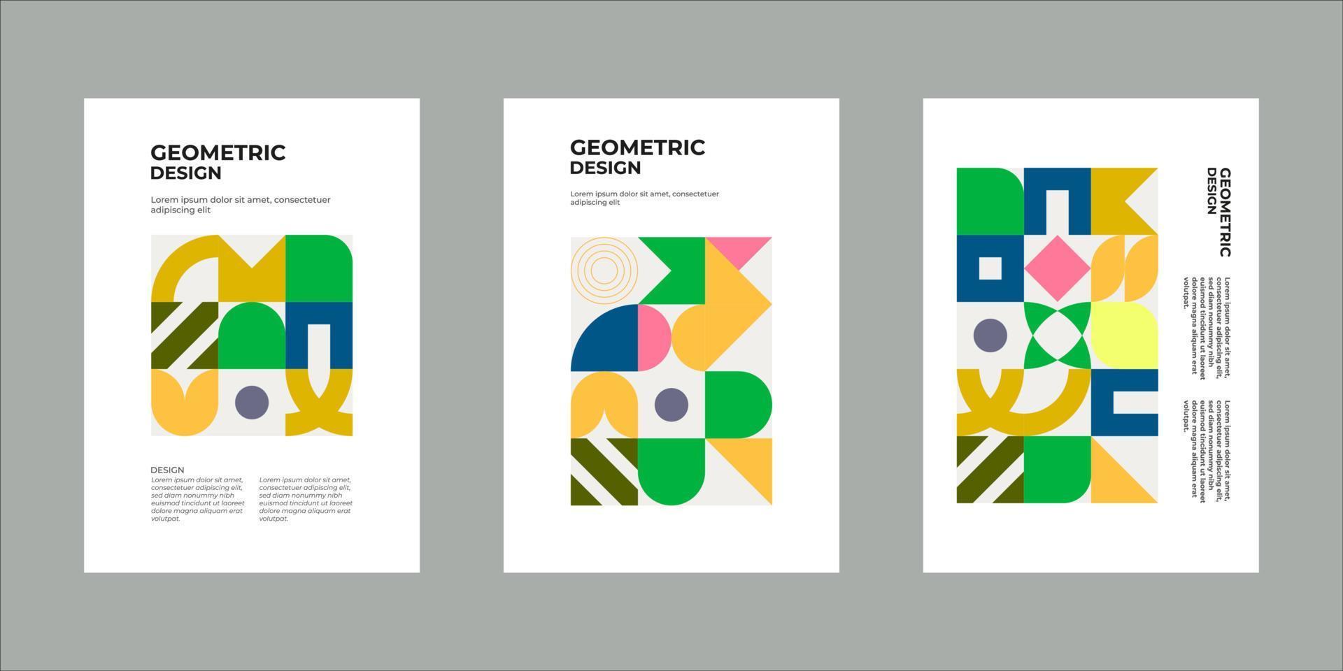 Colorful neo geometric poster. Grid with color geometrical shapes. Modern abstract promotional flyer background illustration set. Geometric template poster, brochure neo pattern vector