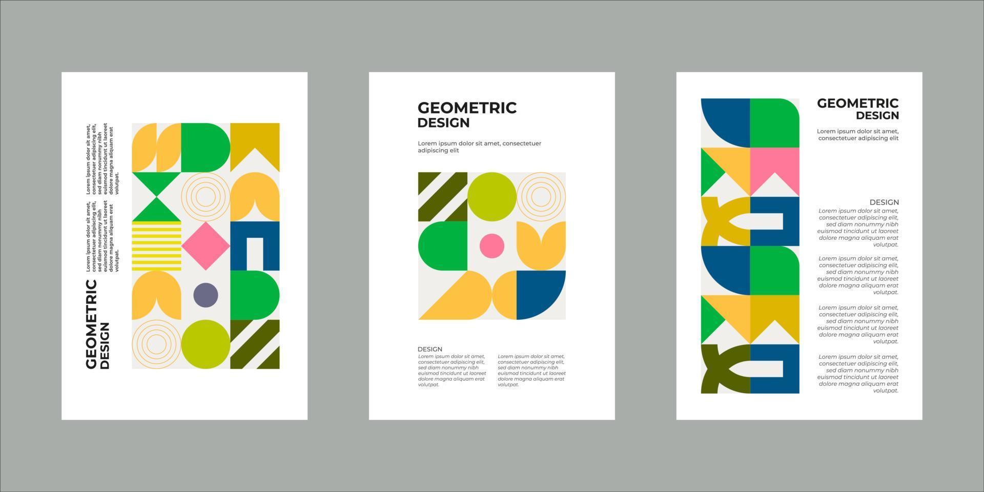 Colorful neo geometric poster. Grid with color geometrical shapes. Modern abstract promotional flyer background illustration set. Geometric template poster, brochure neo pattern vector