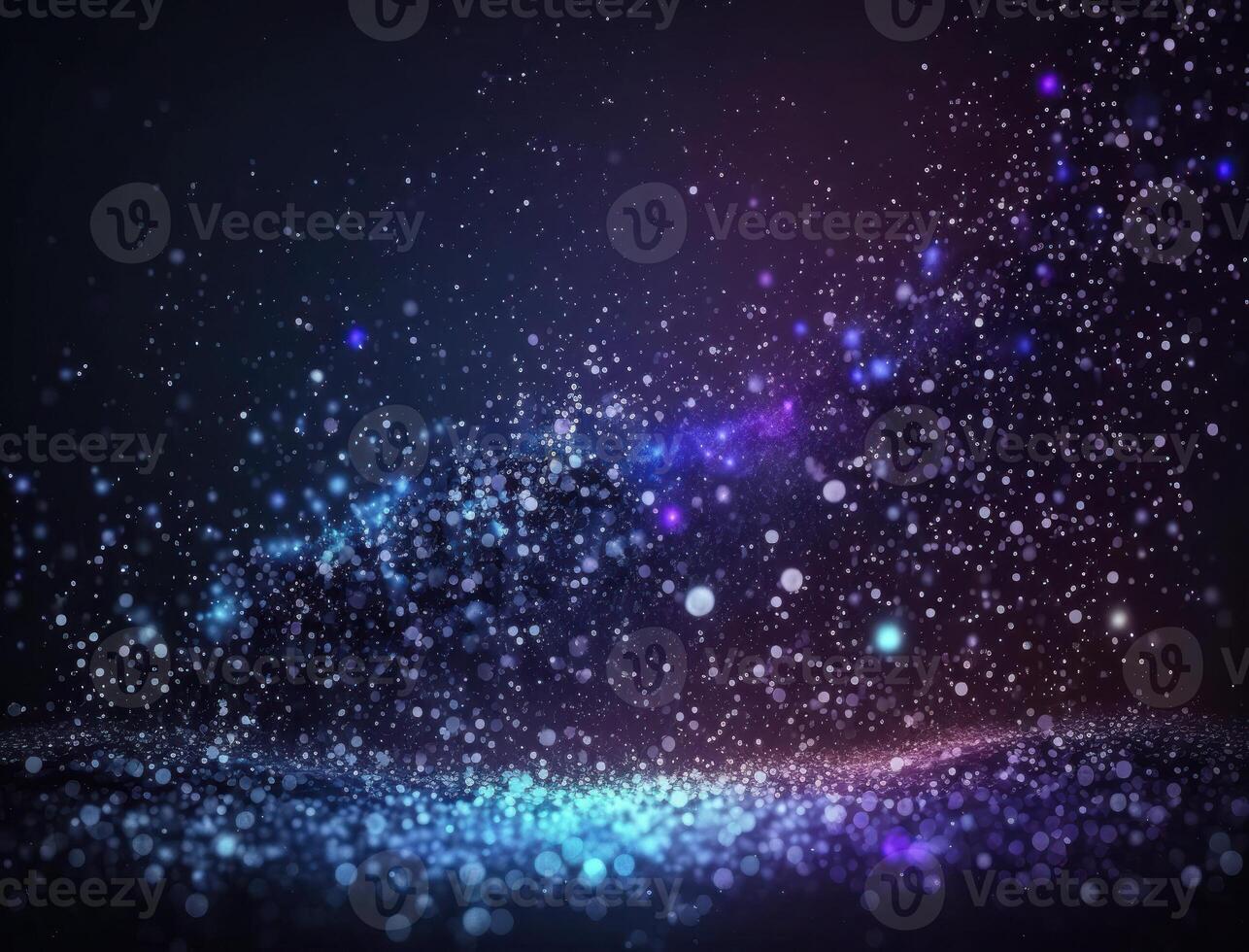 Dark blue and glow particle abstract background Blurry bokeh background with sparkles, particles and glitter created with technology photo