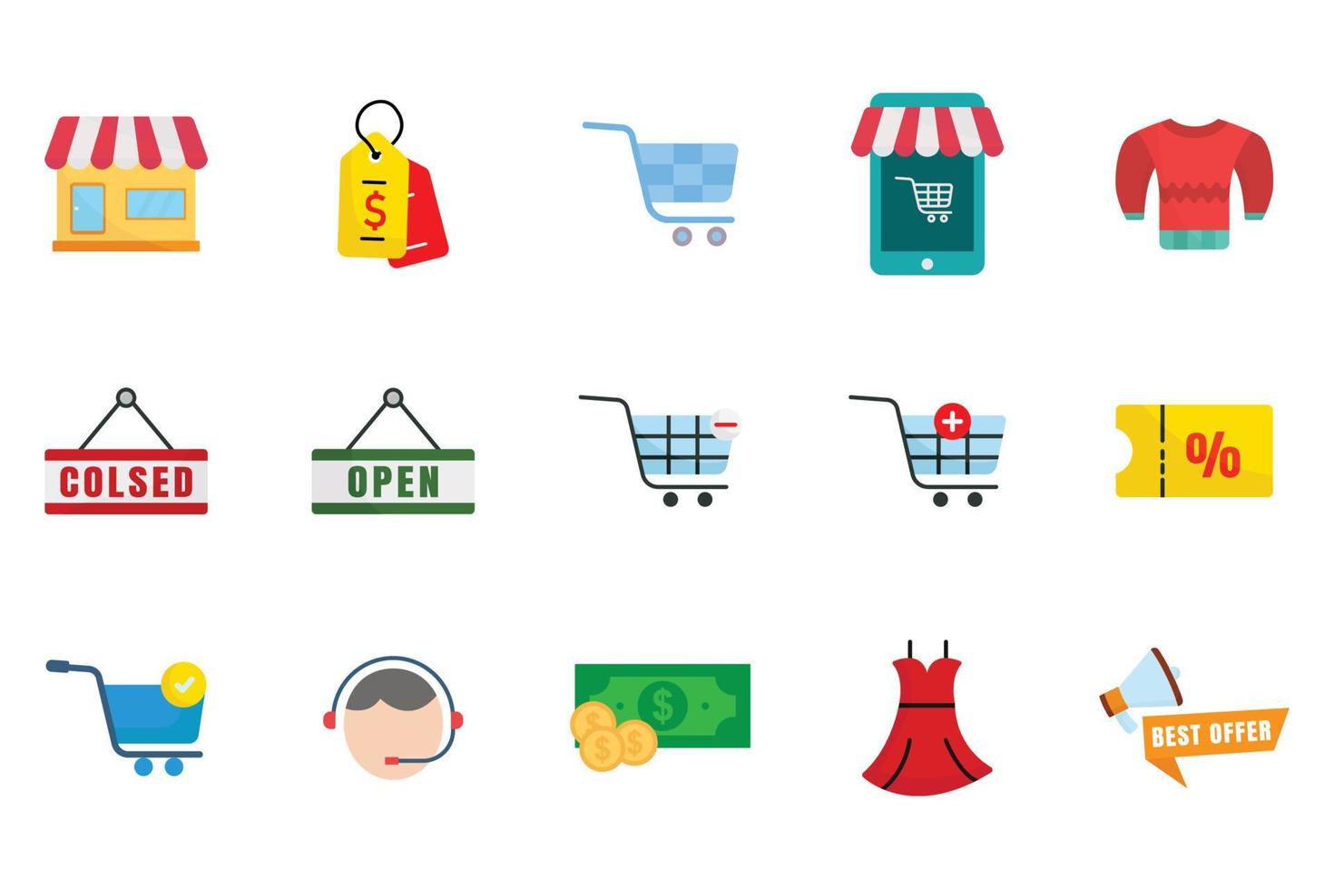 Shopping set icon illustration. Flat icon style. Store, tag, order, Shopping cart, best offer, money,  and others. Simple vector design editable