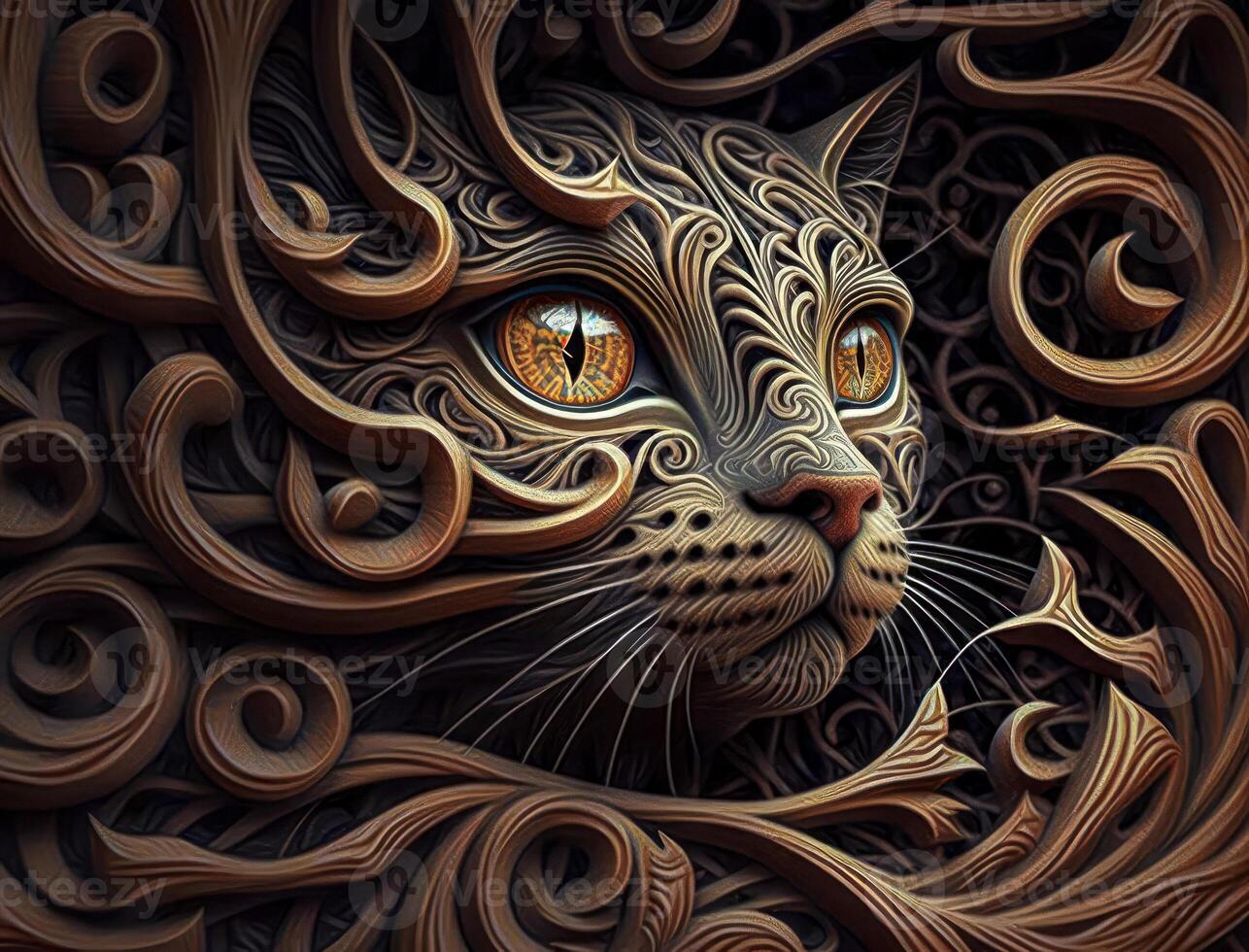 Colorful Close-up portrait of wolf with oriental ornament woodcarving elements background technology photo