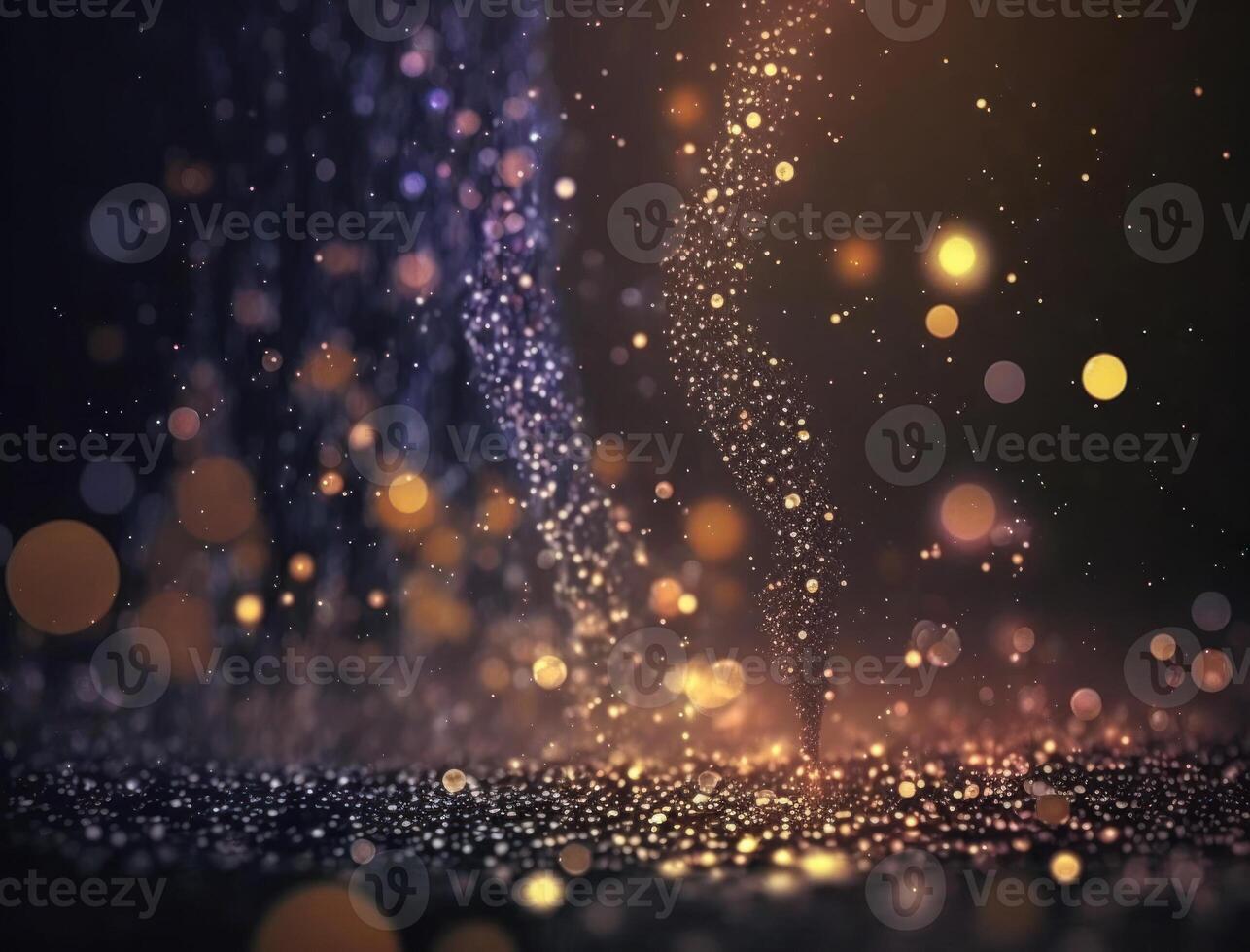 Dark blue and glow particle abstract background Blurry bokeh background with sparkles, particles and glitter created with technology photo