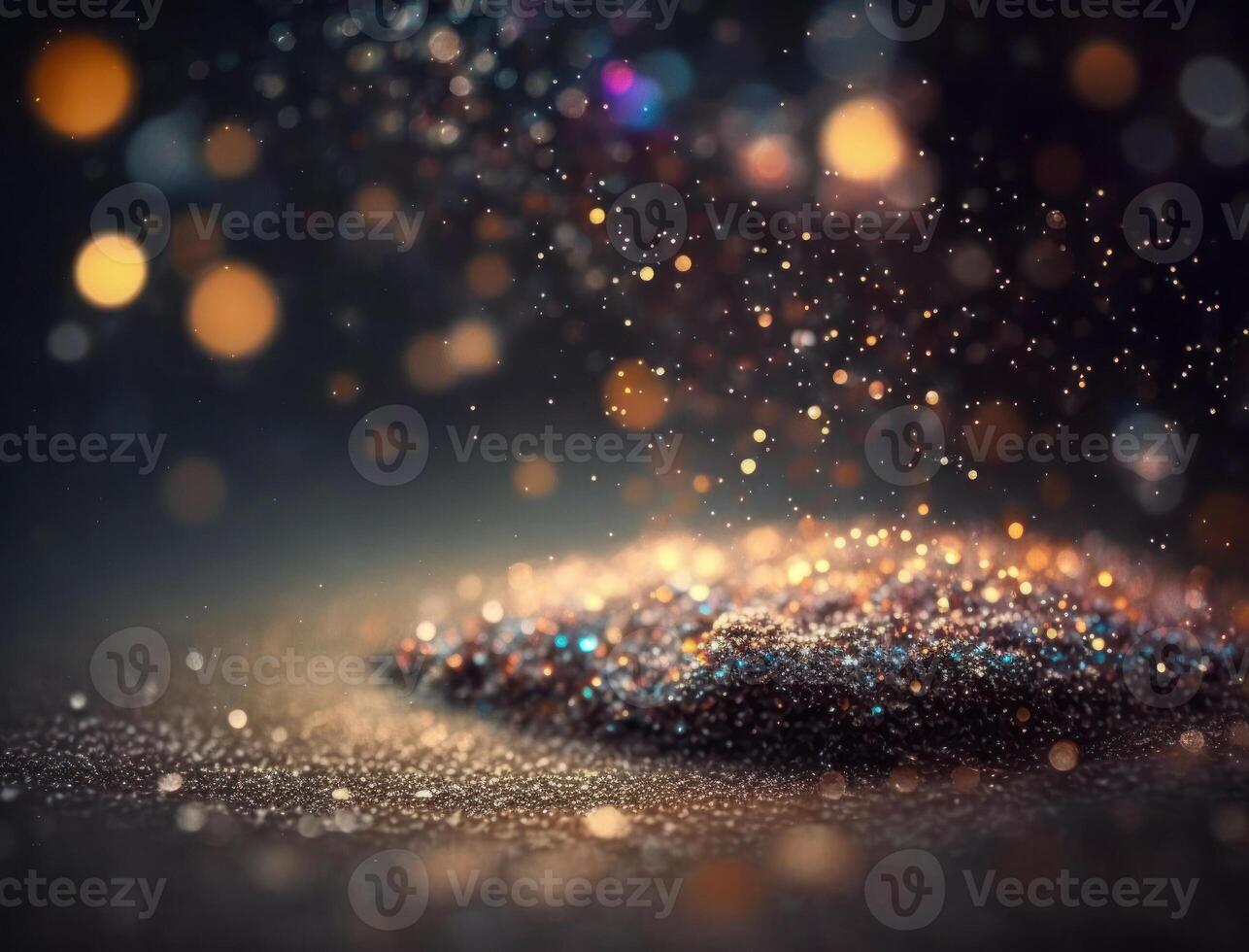 Dark blue and glow particle abstract background Blurry bokeh background with sparkles, particles and glitter created with technology photo