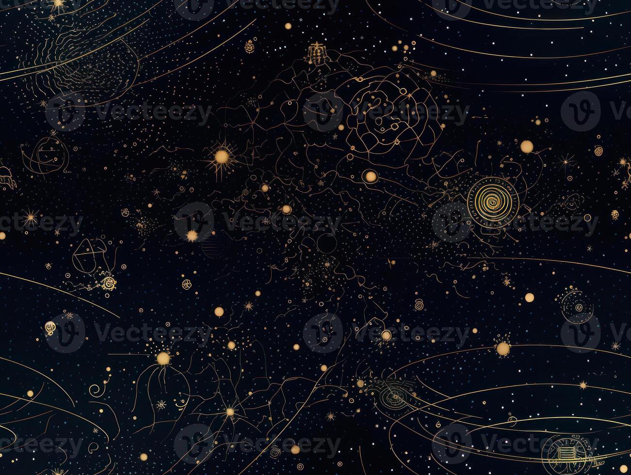 Starry sky space background seamless pattern in dark blue and green colors created with technology photo