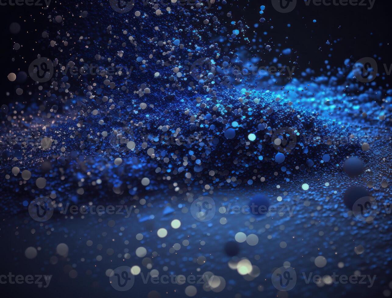 Dark blue and glow particle abstract background Blurry bokeh background with sparkles, particles and glitter created with technology photo