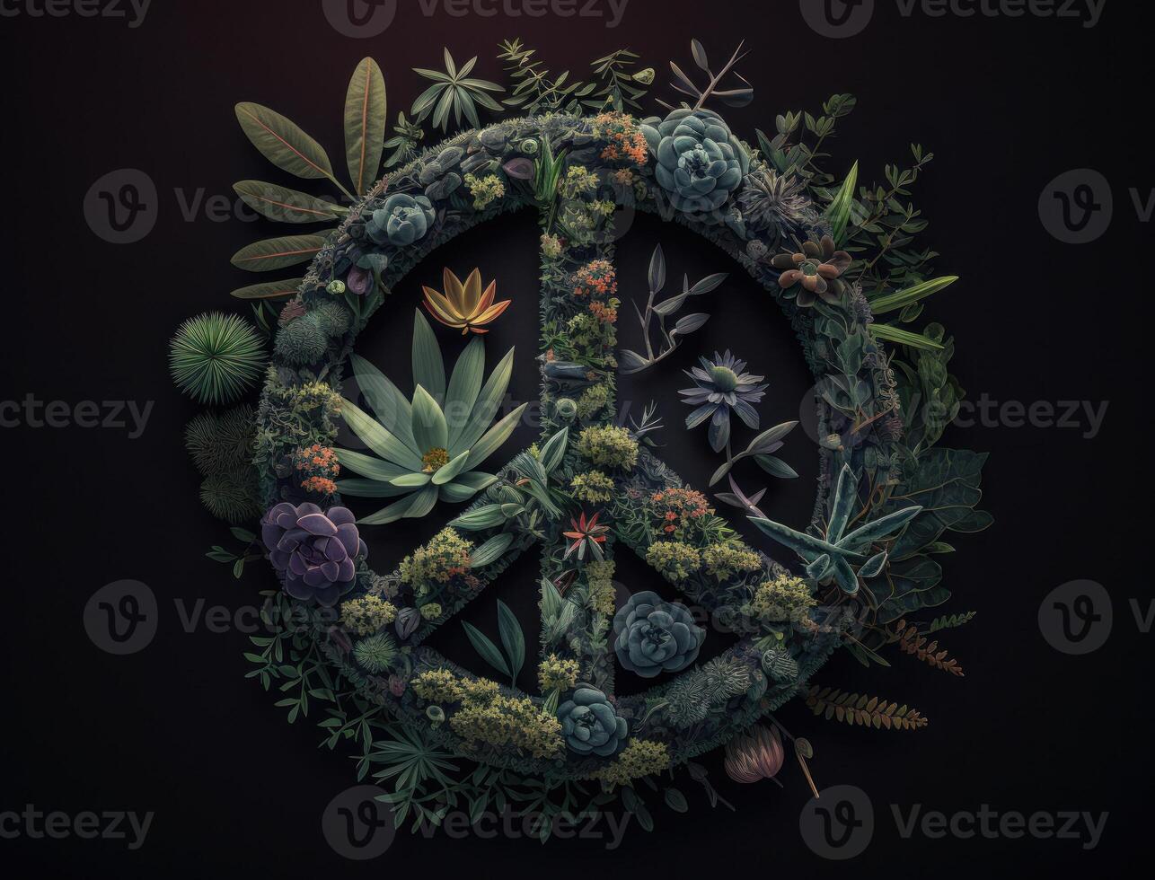 Peace symbol made by floral elements created with technology photo