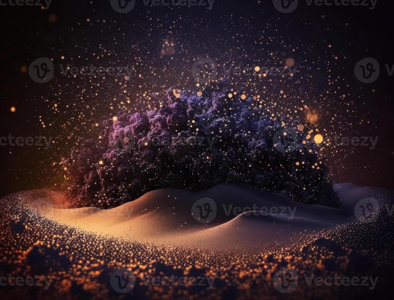 Dark blue and glow particle abstract background Blurry bokeh background with sparkles, particles and glitter created with technology photo
