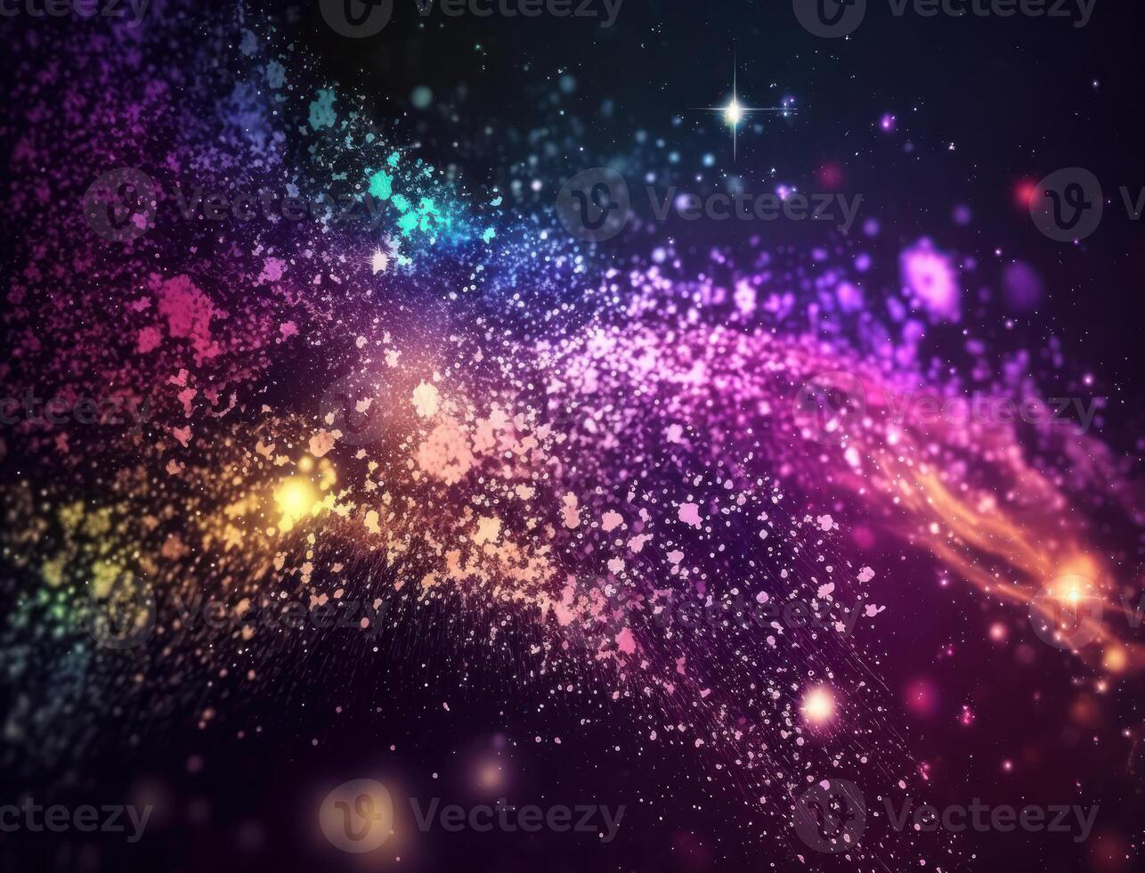 Dark blue and glow particle abstract background Blurry bokeh background with sparkles, particles and glitter created with technology photo