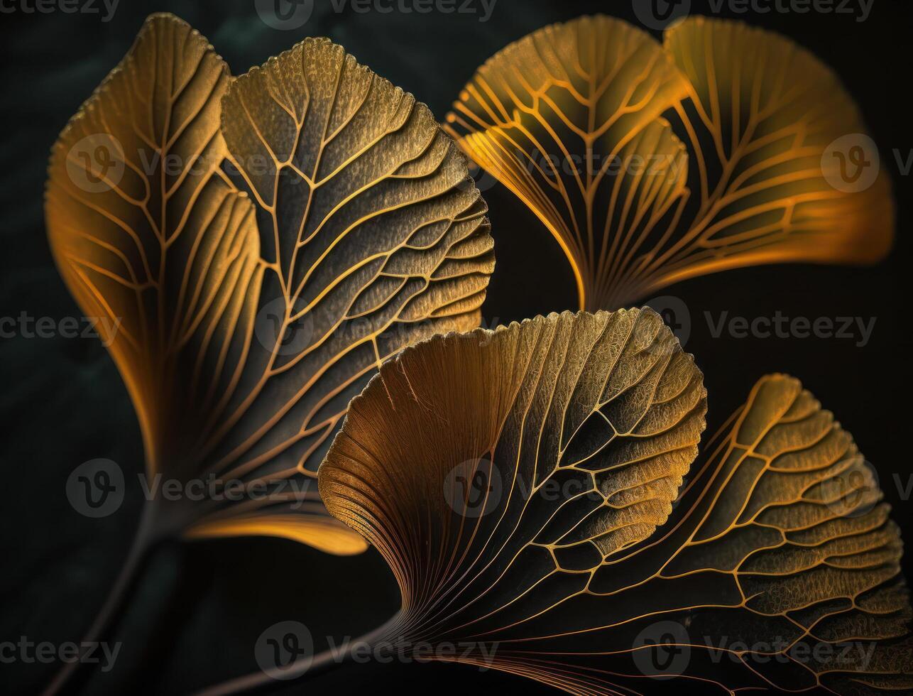 Ginkgo biloba golden leaves Dark background created with technology photo