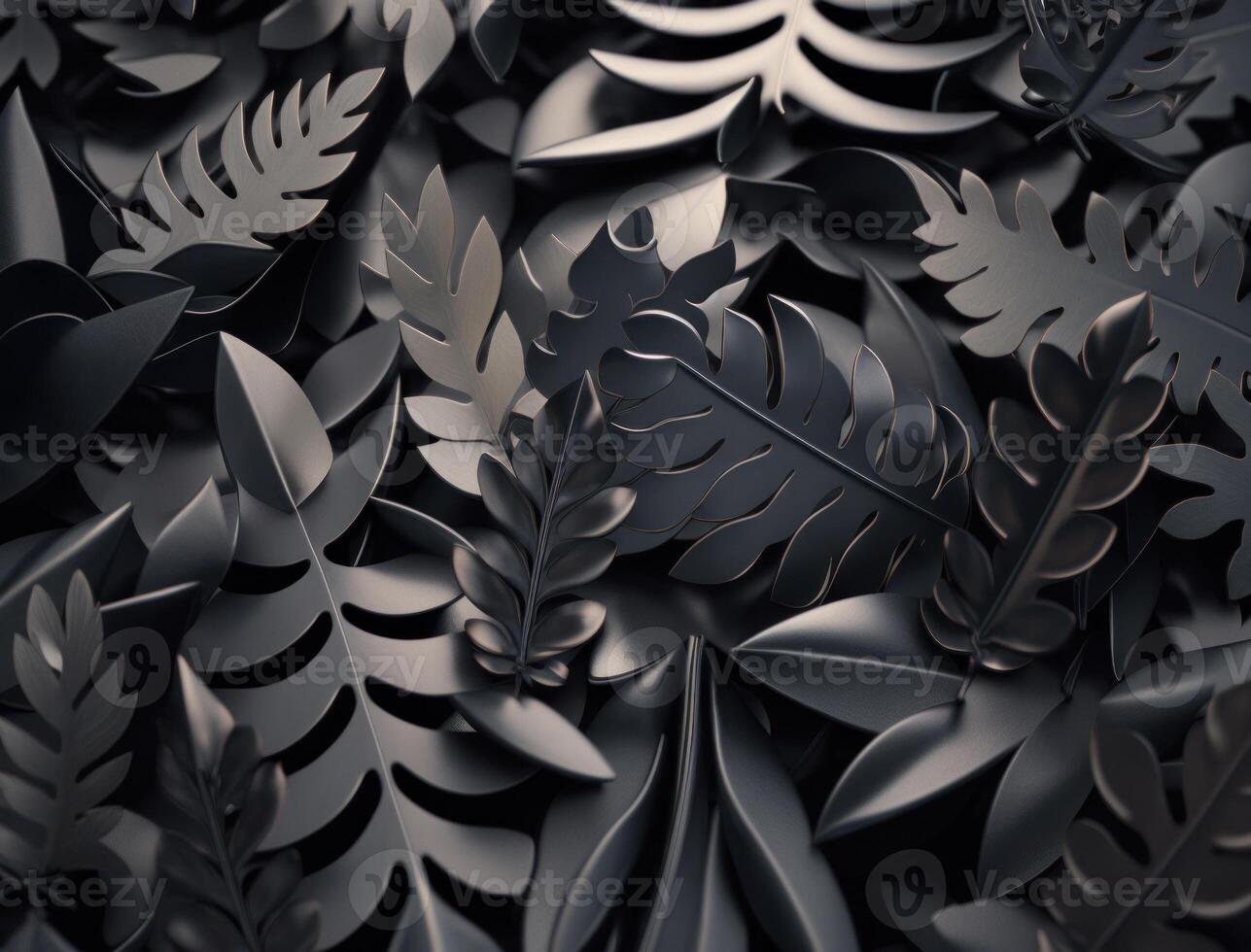 Abstract dark black metallic leaves background created with technology photo
