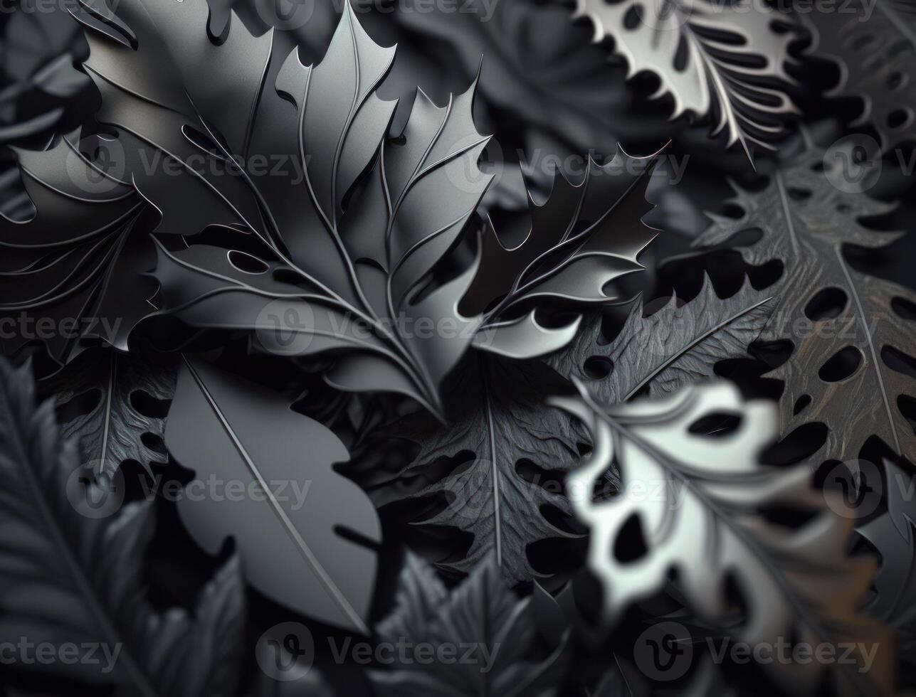 Abstract dark black metallic leaves background created with technology photo