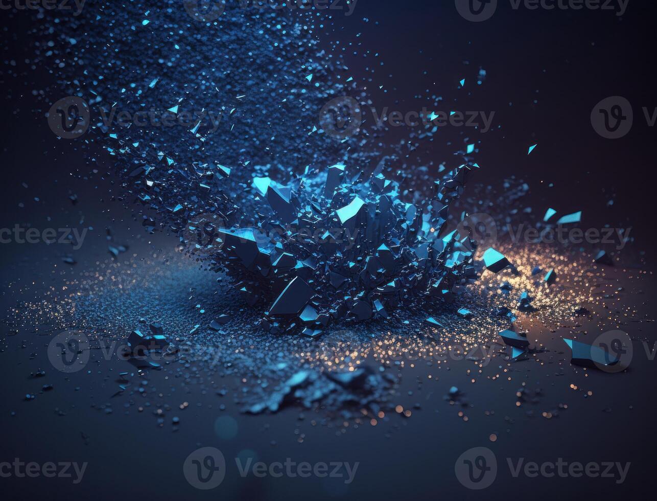 Dark blue and glow particle abstract background Blurry bokeh background with sparkles, particles and glitter created with technology photo