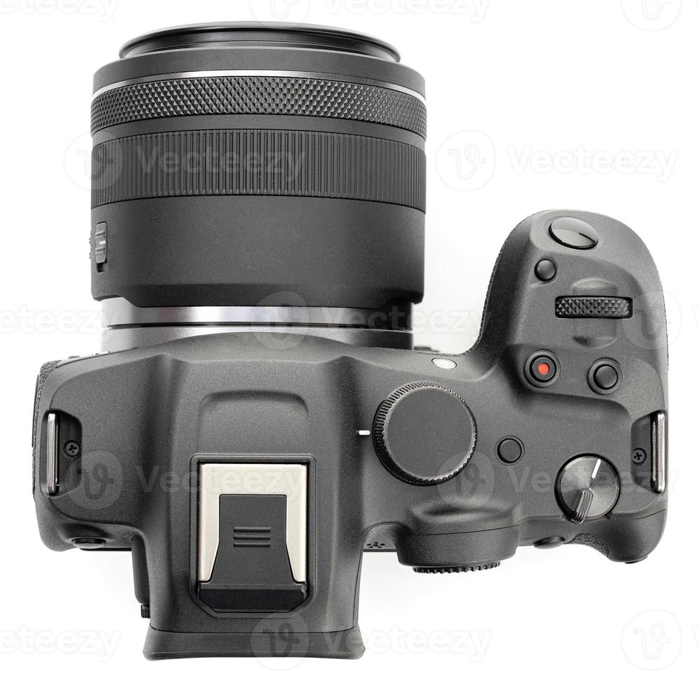 Modern Photo camera isolated on white background. Top view