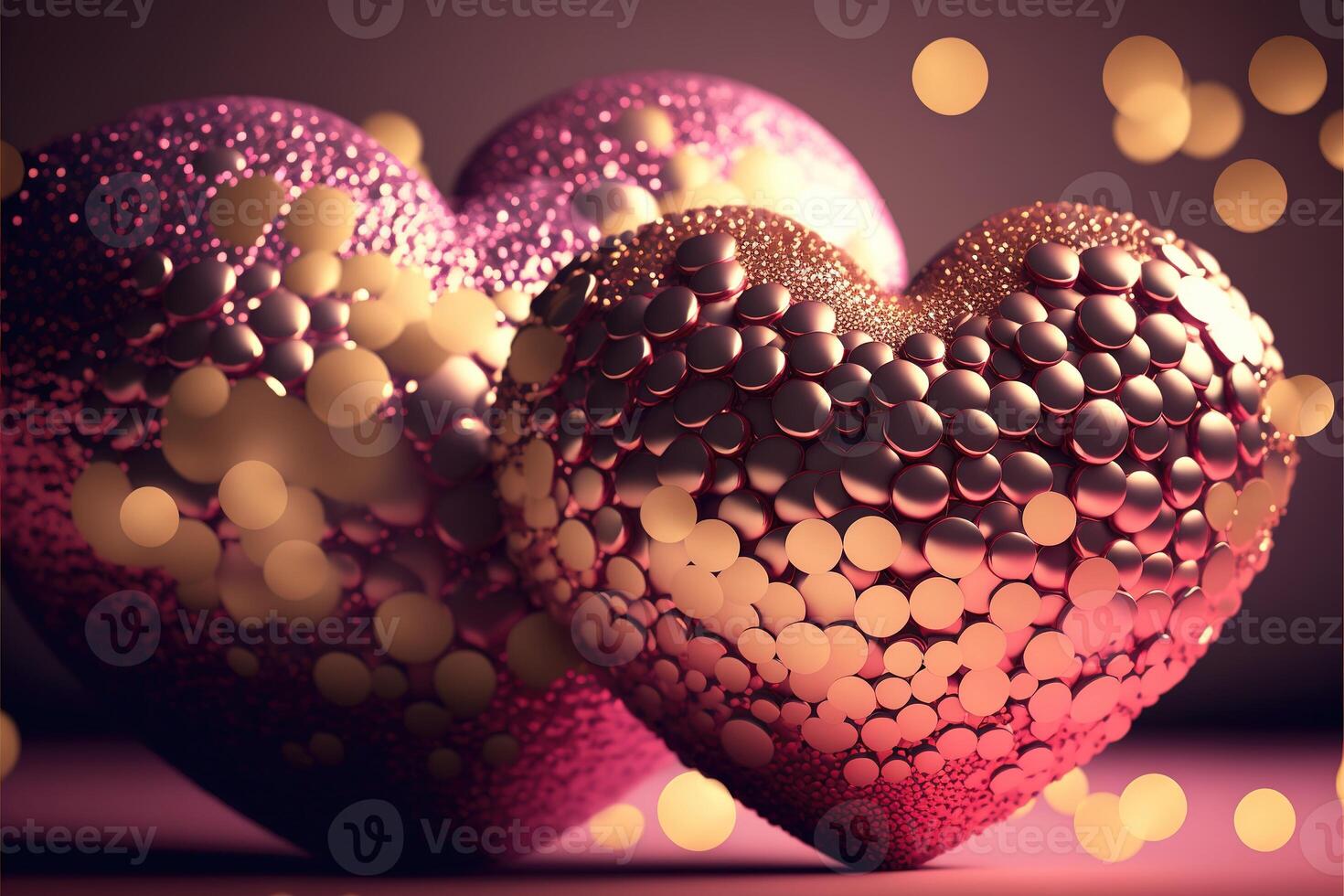 Bright festive background with inflatable hearts, sequins and bokeh Light Effect. Card background for Valentine's Day, Happy Birthday and so on. photo