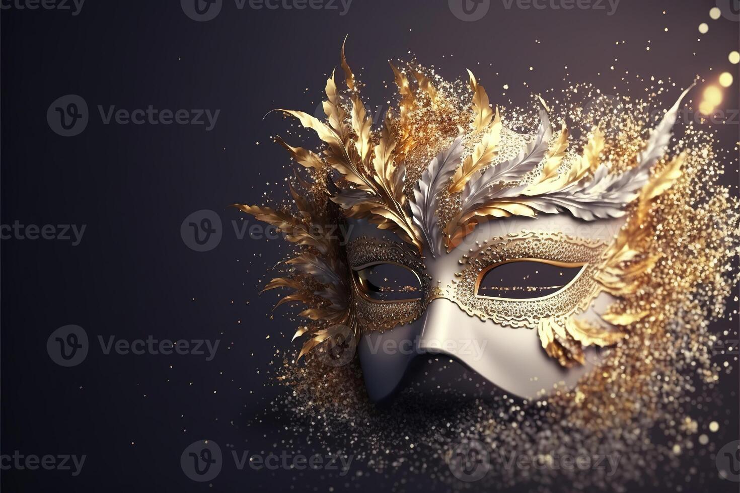 Realistic luxury carnival mask with feathers, gold dust, and light effects. . photo