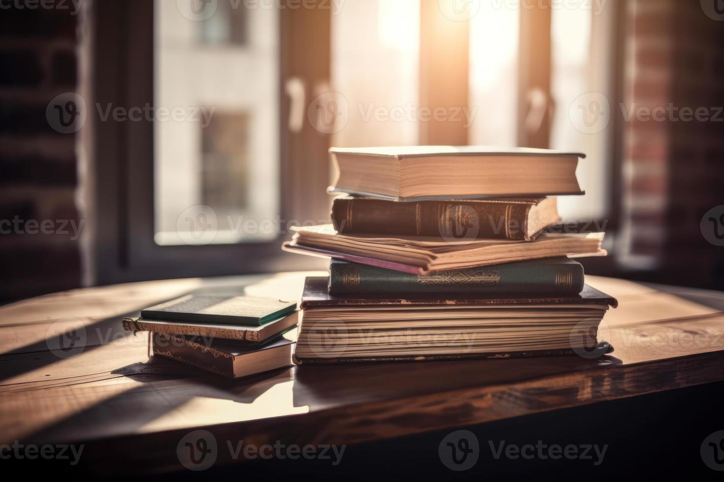 Stack of books on the table an open book or textbook education