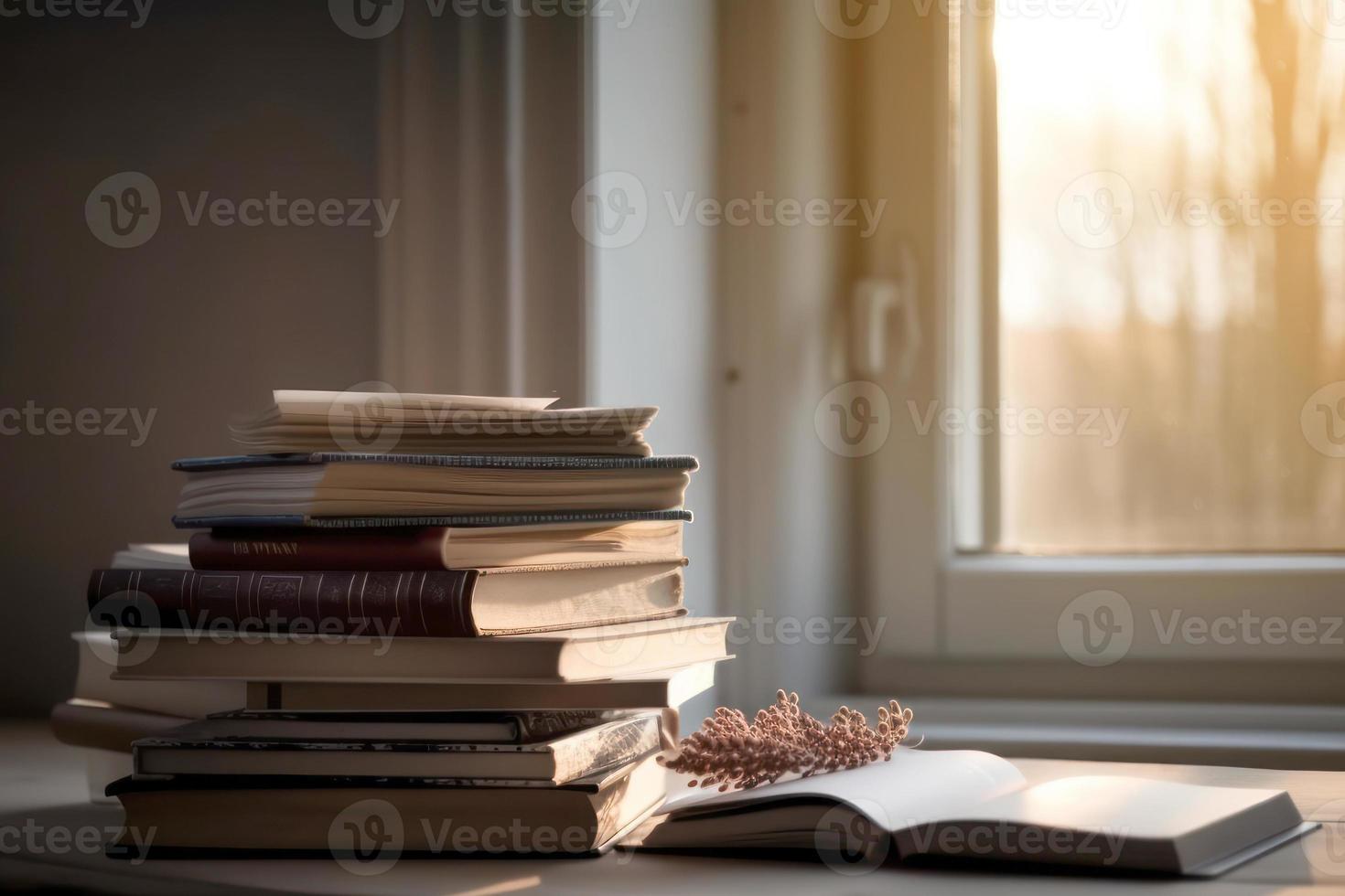 Stack of books on the table an open book or textbook education literature. photo