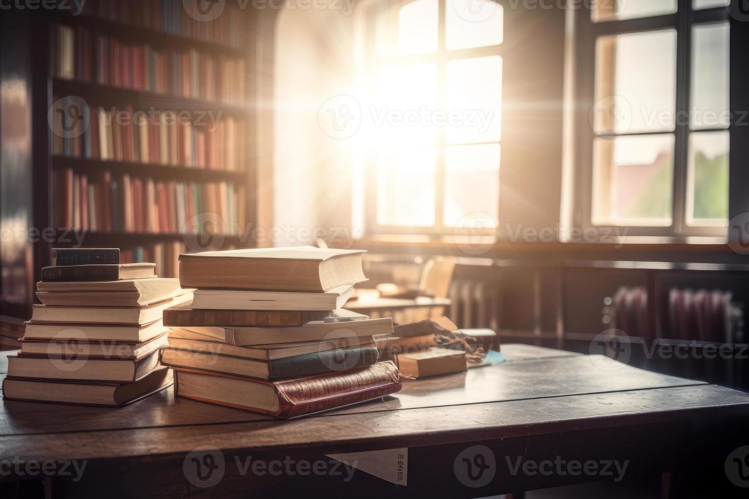 Stack of books on the table an open book or textbook education literature. photo