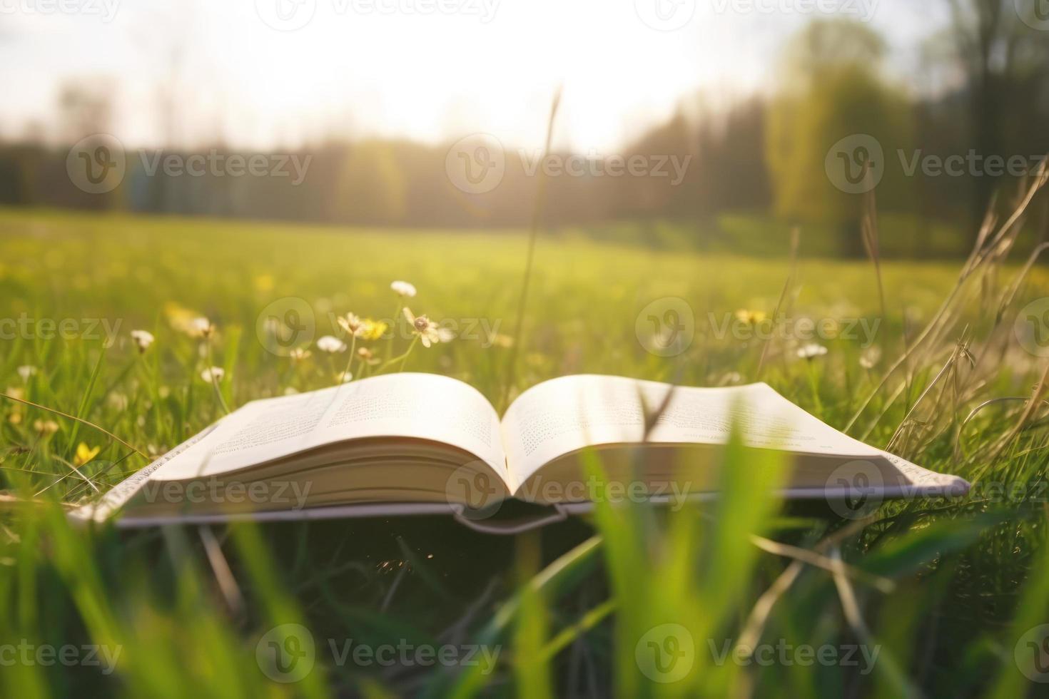 abierto libro en césped campo y prado antecedentes. foto