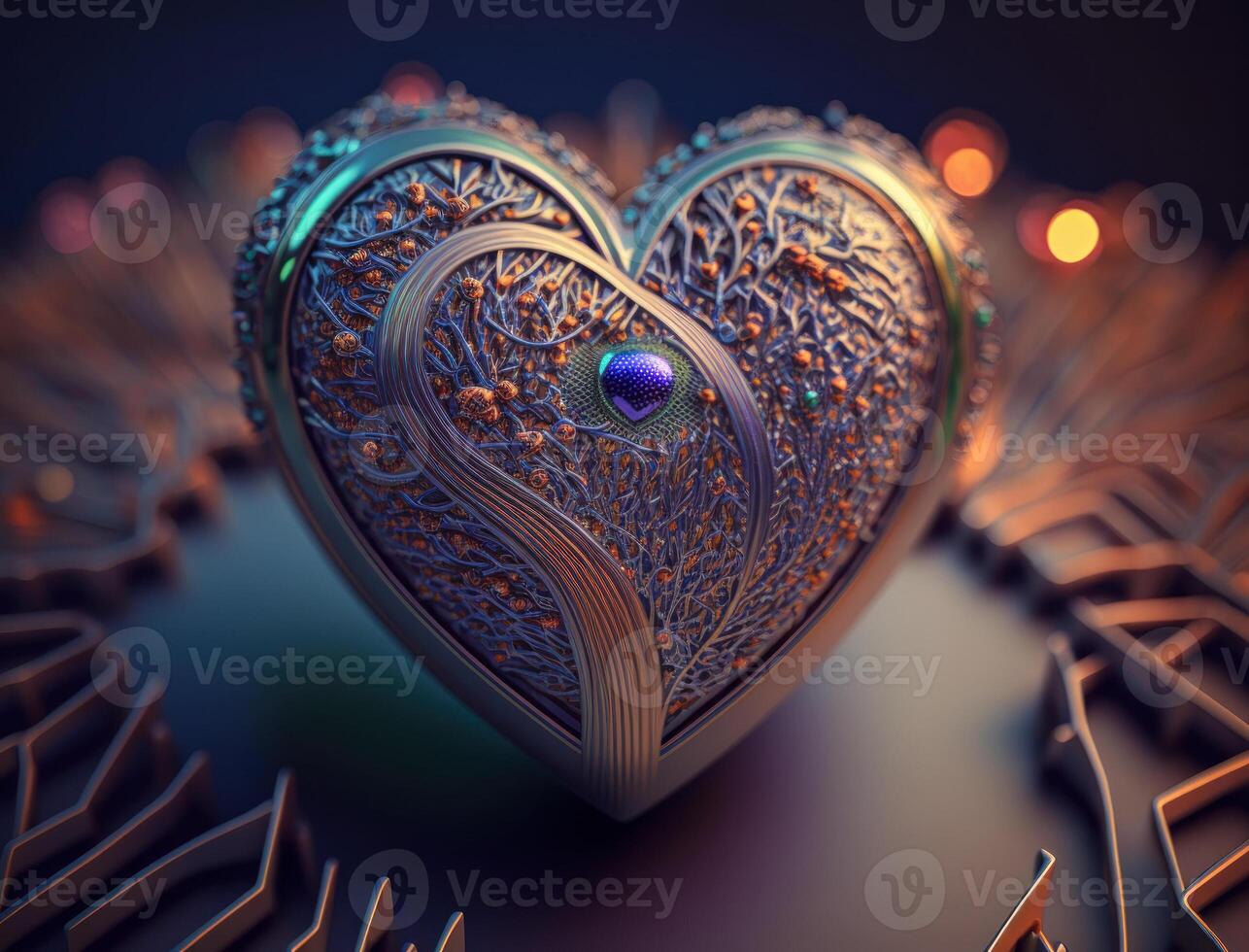 Green and gold metallic heart that represents environmental protection created with technology photo