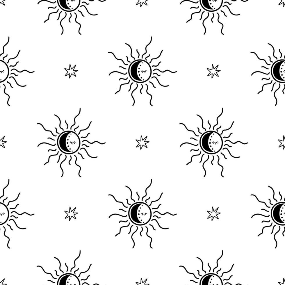 Celestial sun pattern. Magic seamless background with sun, moon, stars, eyes vector design. Black and white sky decorative ornament. Space spiritual astrology repeat print, esoteric, tarot, wallpaper.