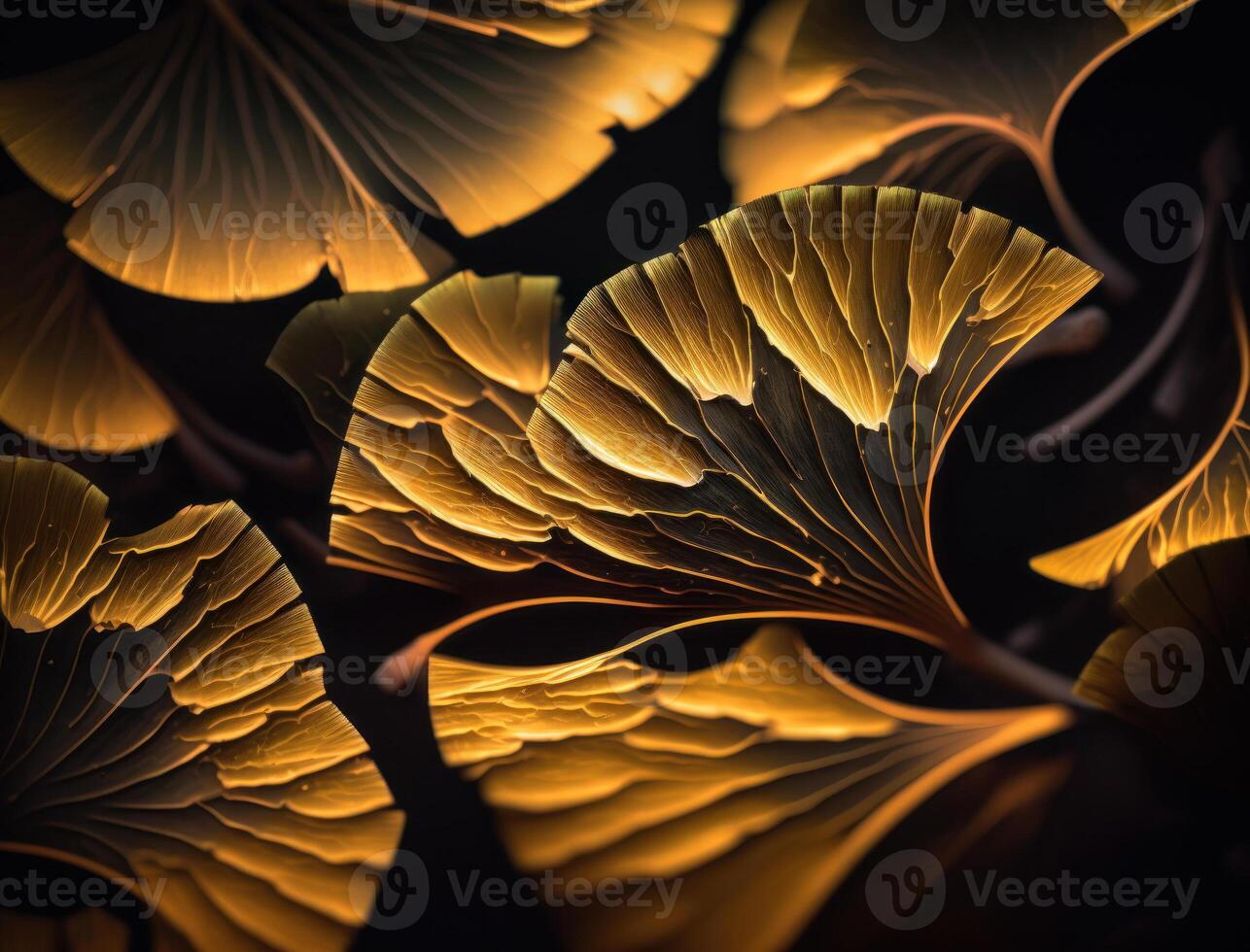 Ginkgo biloba golden leaves Dark background created with technology photo