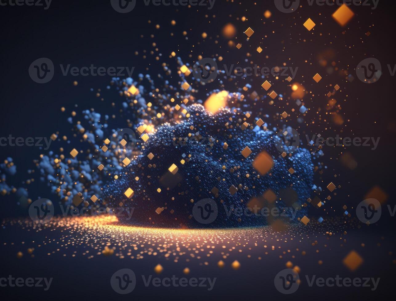 Dark blue and glow particle abstract background Blurry bokeh background with sparkles, particles and glitter created with technology photo